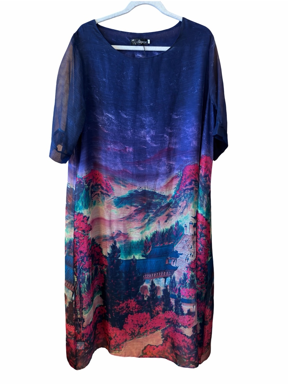 Scenic Print Navy Midi Dress with Short Sleeves